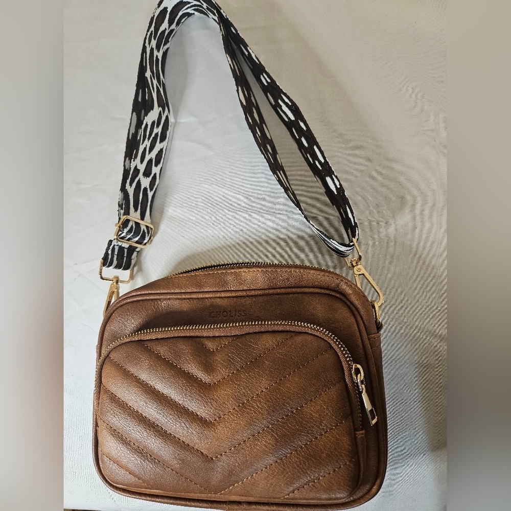 CHOLISS Brown Vegan Leather Quilted Crossbody Bag Leopard Guitar Strap Gold Tone